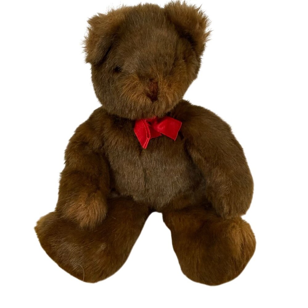 Vintage 1992 Ty Teddy Bear Brown Plush Red Bow Fur Collectible Stuffed Animal